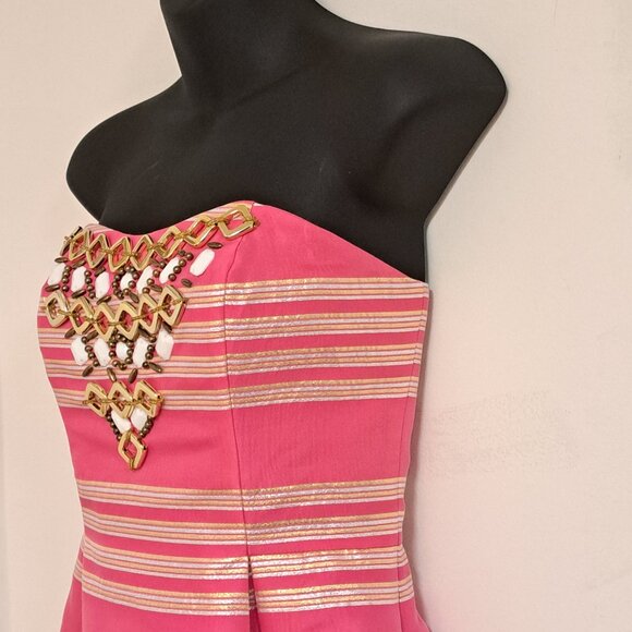Lilly Pulitzer Size 0 Sami-Ryan Dress Pink Metallic Stripe Strapless - Picture 10 of 11